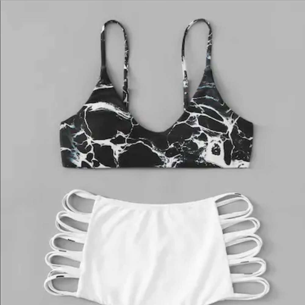 LAST ONE Marble Print High Waist Swim Suit Bikini - Picture 2 of 6